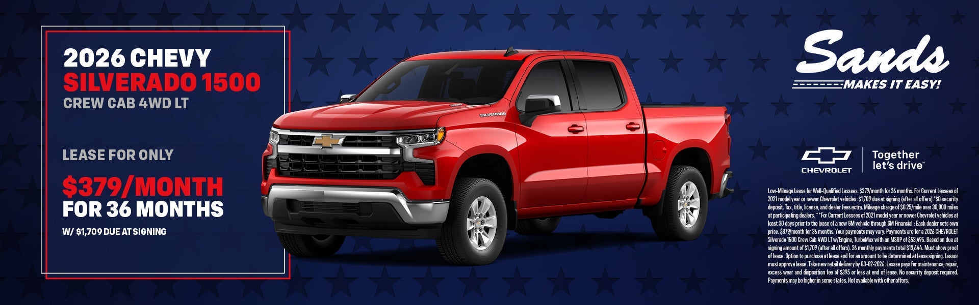 Red 2026 Chevy Silverado 1500 LT lease offer