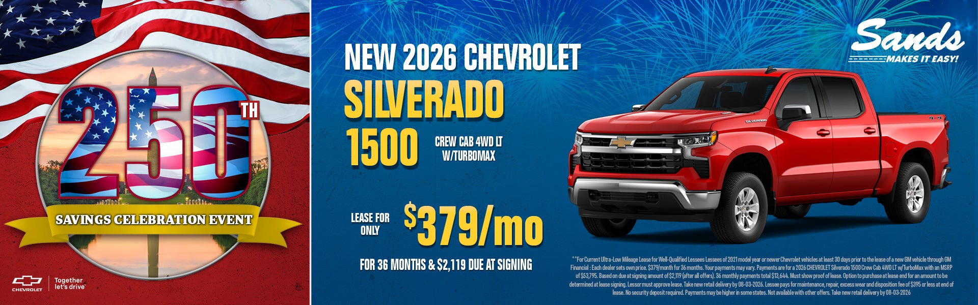 2026 Chevrolet Silverado LT lease $379/mo for 36 months