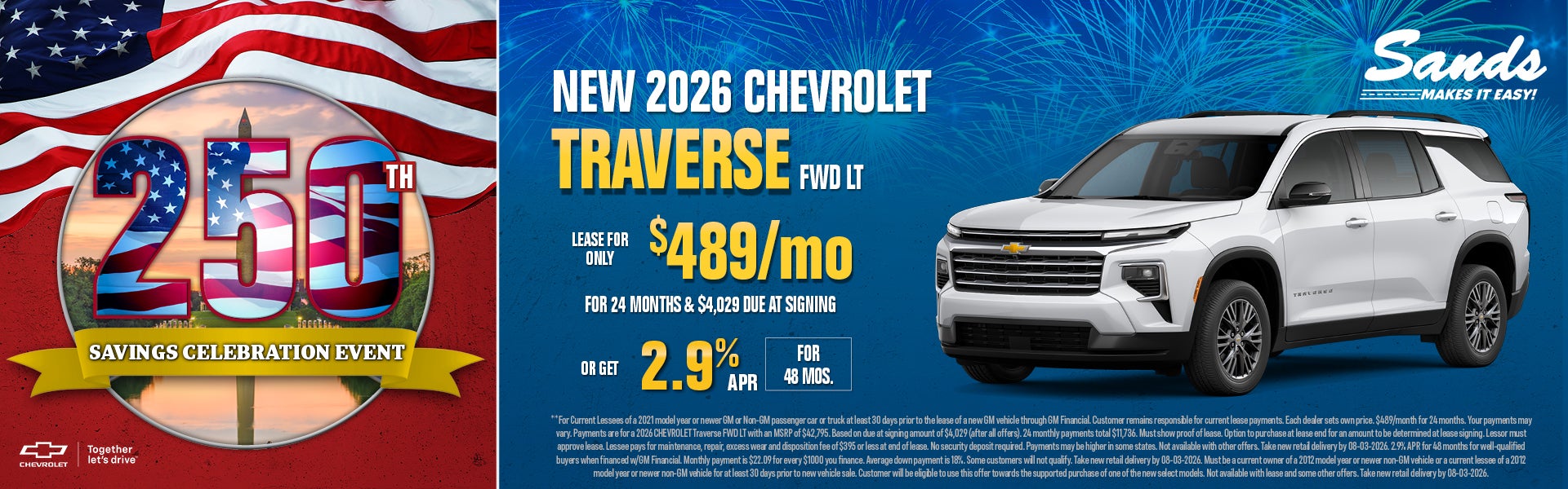 2026 Chevrolet Traverse LT lease $489/mo or 2.9% APR